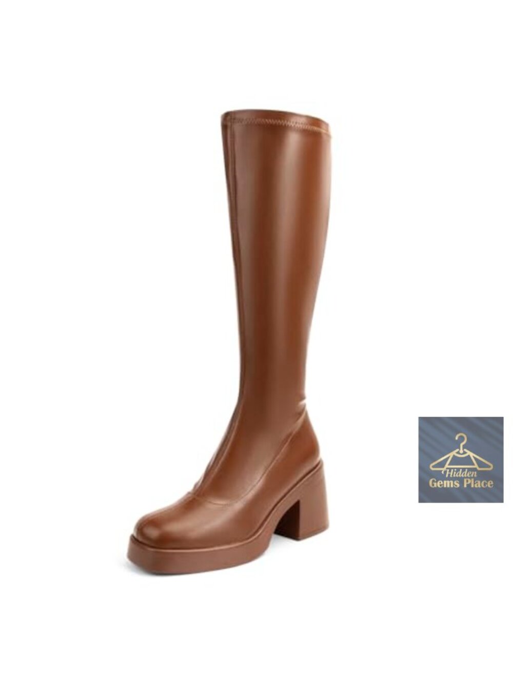 Women's Knee High GoGo Boots Faux Leather Chunky Heel Square Toe Platform Side